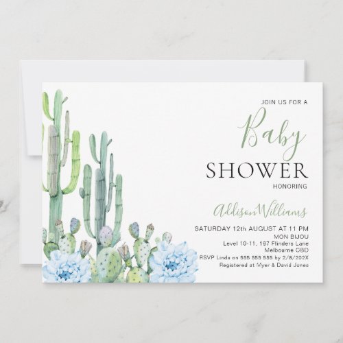 Baby Blue Floral Succulents Cactus Baby Shower Invitation