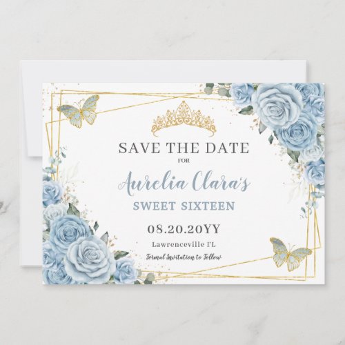 Baby Blue Floral Sweet Sixteen Quince Butterflies Save The Date