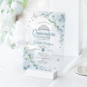 Baby Blue Floral Watercolor Roses Quinceanera Acrylic Invitations