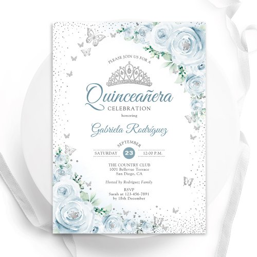 Baby Blue Floral Watercolor Roses Quinceanera Invitation