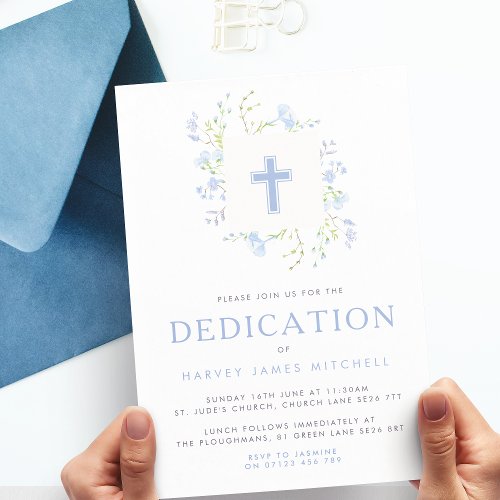 Baby Blue Floral Wreath  Cross Baby Dedication Invitation