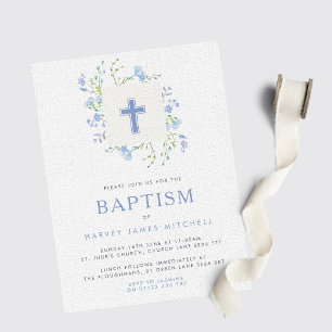 Baby Blue Floral Wreath & Cross Baptism Invitation
