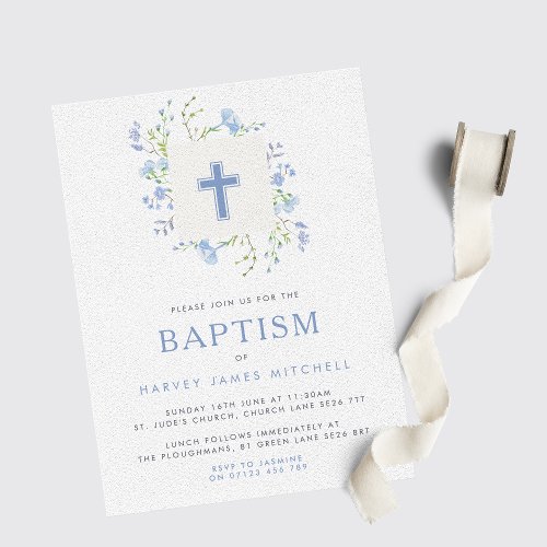 Baby Blue Floral Wreath  Cross Baptism Invitation
