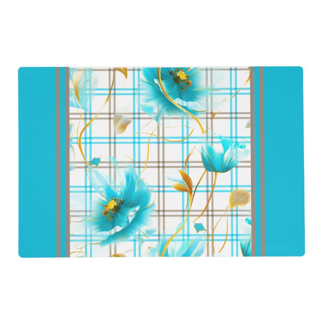 Baby Blue Flower Plaid Laminated Placemat (Front)