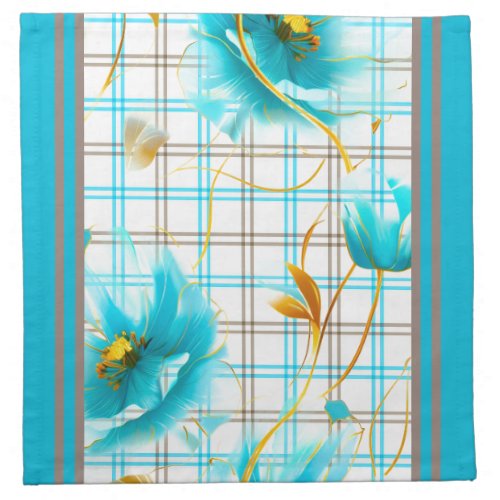 Baby Blue Flowers On A Plaid Background Cloth Napkin