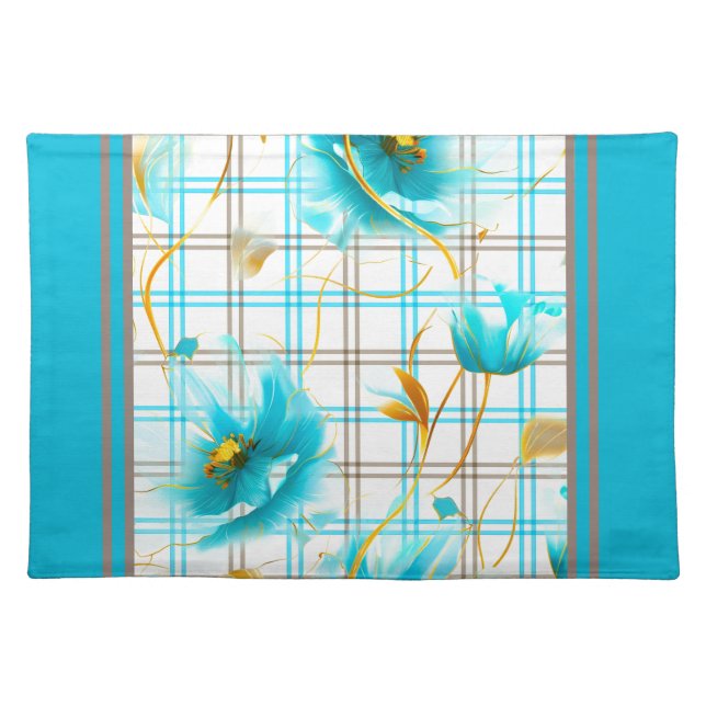 Baby Blue Flowers On A Plaid Background Cloth Placemat (Front)