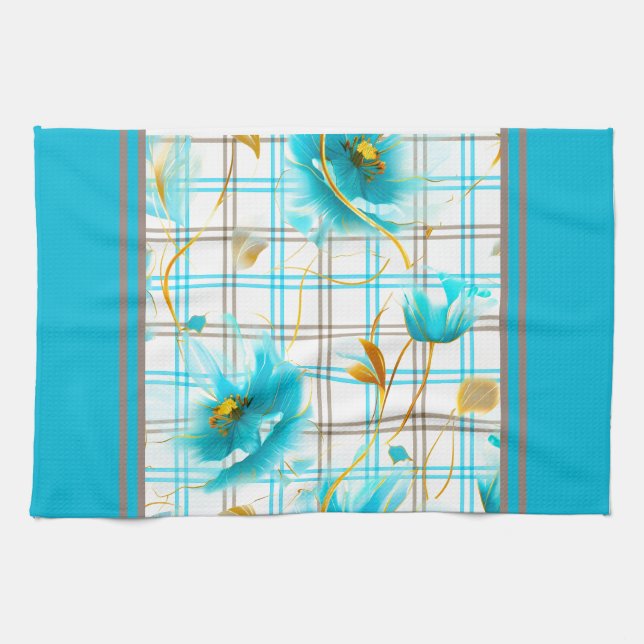 Baby Blue Flowers On A Plaid Background Kitchen Towel (Horizontal)