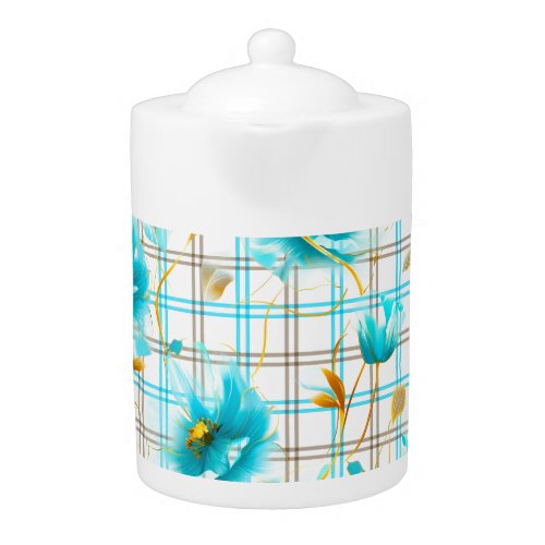 Baby Blue Flowers On A Plaid Background Teapot