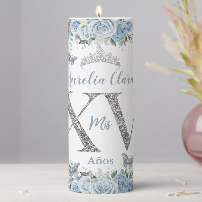 Baby Blue Flowers Silver Quinceañera Sweet 15 16  Pillar Candle (In Situ)