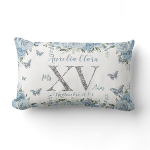Baby Blue Flowers Silver Quinceañera Sweet 15 XV Lumbar Pillow