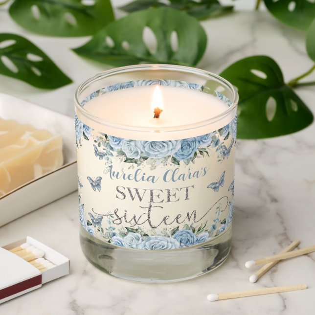 Baby Blue Flowers Silver Sweet 16 Sixteen Keepsake Scented Candle (Lit)