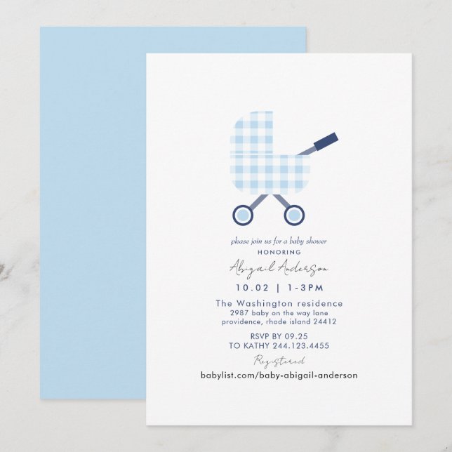 Baby Blue Gingham Baby Shower Invitation (Front/Back)