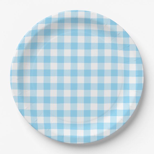 Baby Blue Gingham Check Paper Plates (Front)
