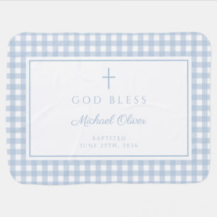 Baby Blue Gingham God Bless Boy Baptism Blanket