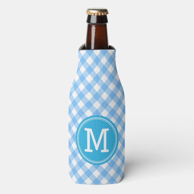 Baby Blue Gingham Personalize Monogram Bottle Cooler (Bottle Front)