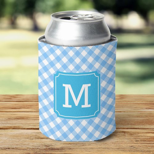 Baby Blue Gingham Personalize Monogram Can Cooler