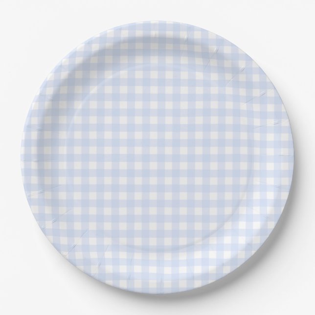 Baby Blue Gingham Plaid Paper Plates (Front)