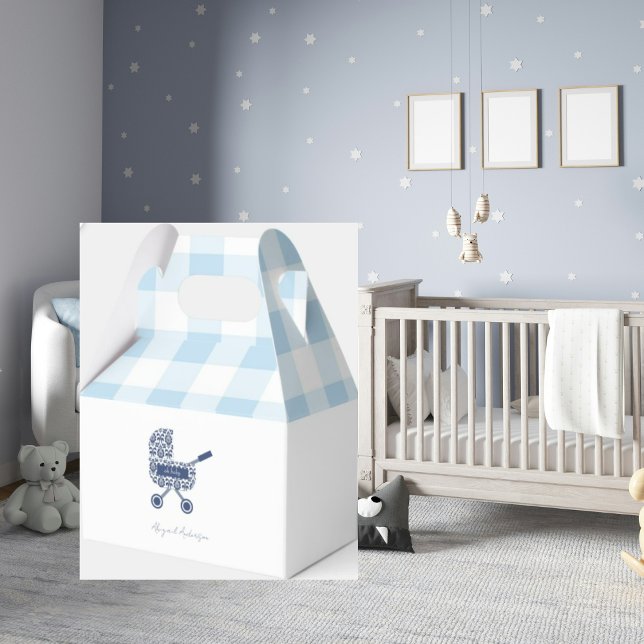 Baby Blue Gingham Pram Baby Shower  Favor Boxes (Creator Uploaded)