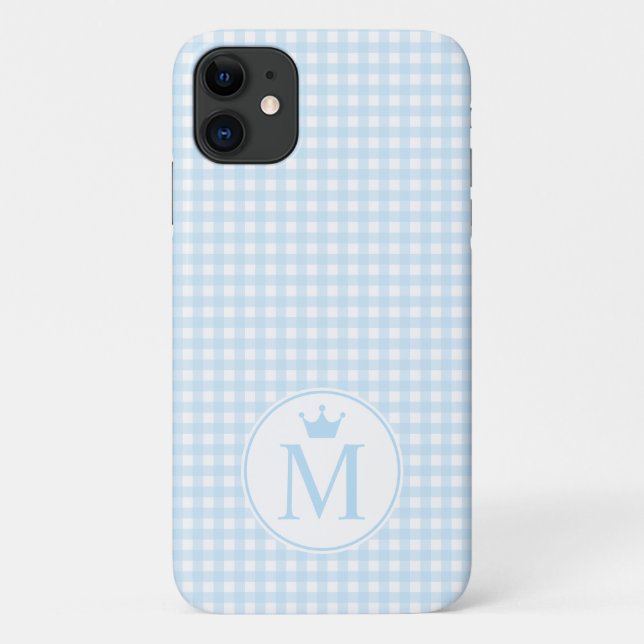 Baby Blue Gingham with Blue Crown Monogram. Case-Mate iPhone Case (Back)