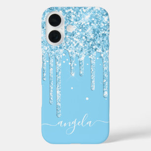 Baby Blue Glitter Drips Glam Signature iPhone 16 Case