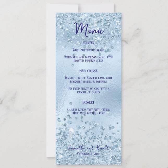 Baby Blue Glitter & Foil Wedding Dinner Menu Card (Front)