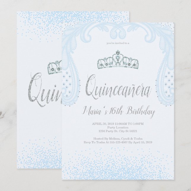 Baby Blue Glitter & Lace, Quinceañera Invitations (Front/Back)