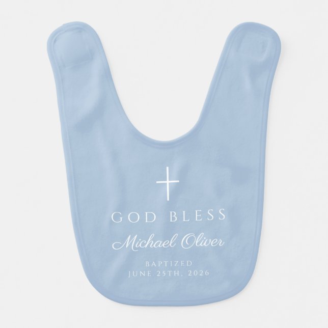 Baby Blue God Bless Boy Baptism  Bib (Front)