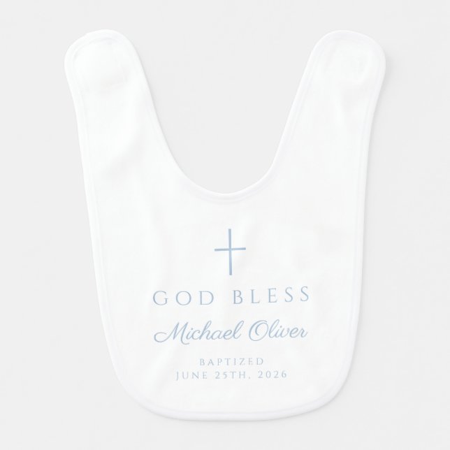 Baby Blue God Bless Boy Baptism  Bib (Front)