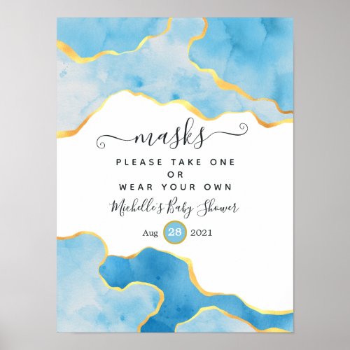 Baby Blue  Gold Agate Boy Baby Shower Face Masks Poster