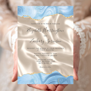 Baby Blue Gold Agate Ivory Silk Wedding Invitation