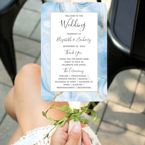 Baby Blue Gold Agate Wedding Program Hand Fan