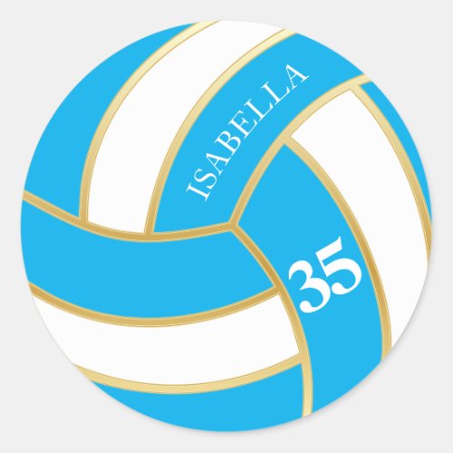 Baby Blue Gold and White Volleyball Personalize  Classic Round Sticker