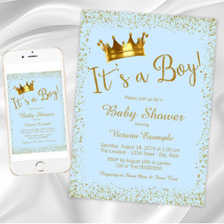 Baby Blue Gold Baby Boy Shower Invitation