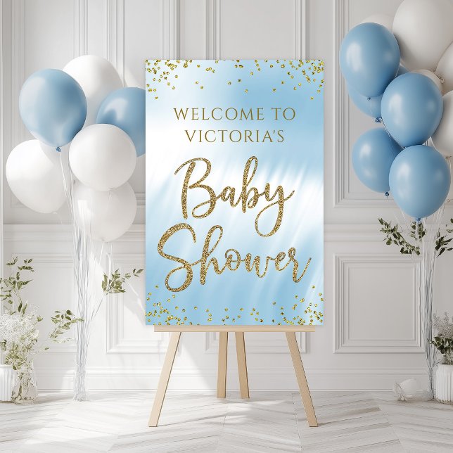 Baby Blue Gold Baby Shower Welcome Sign (Baby blue and gold baby shower welcome sign. Simply add your event details.)