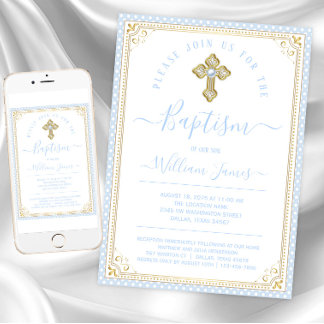 Baby Blue Gold Boy Baptism Invitation