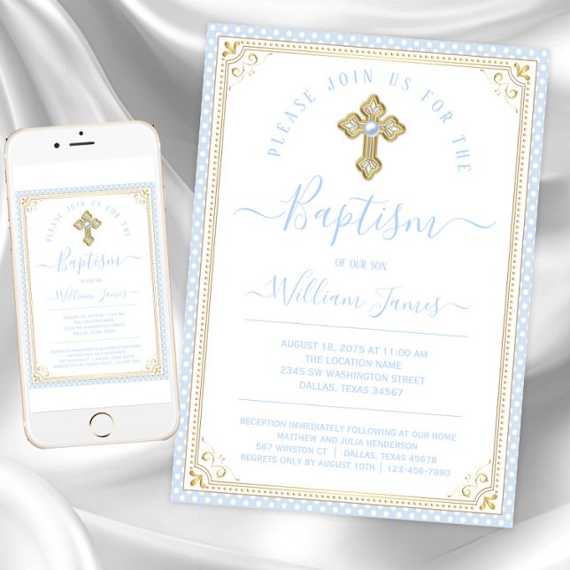 Baby Blue Gold Boy Baptism Invitation (Baby blue gold baptism invitations. Instant download and printed invitations available.)