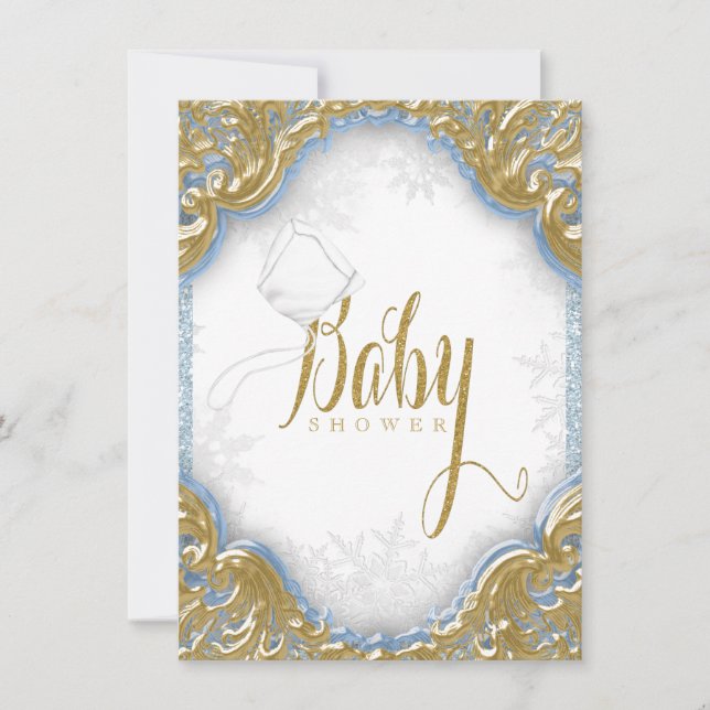 Baby Blue Gold Boy Snowflake Baby Shower Invitation (Front)