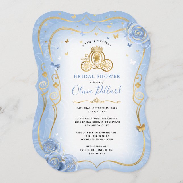 Baby Blue Gold Cinderella Princess Bridal Shower Invitation (Front/Back)