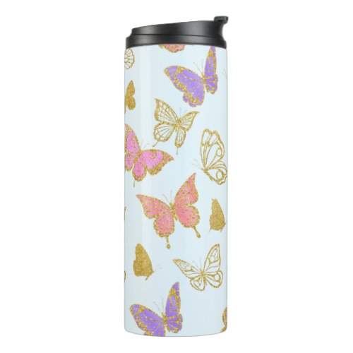 Baby Blue Gold Colorful Butterflies Thermal Tumbler