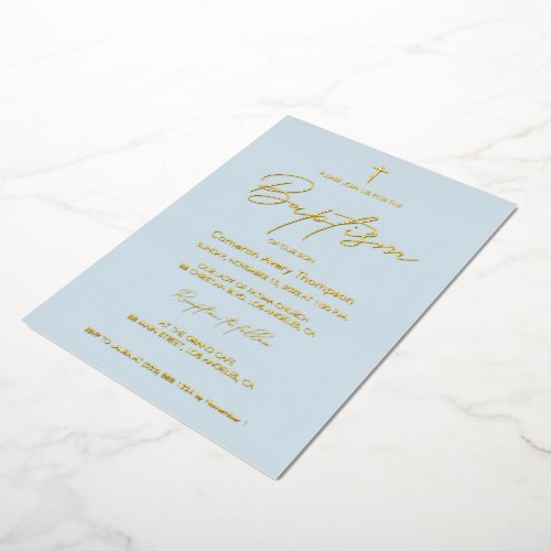Baby Blue Gold Cross modern typography script Foil Invitation