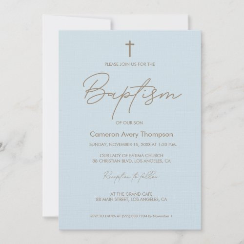 Baby Blue Gold Cross modern typography script Invitation
