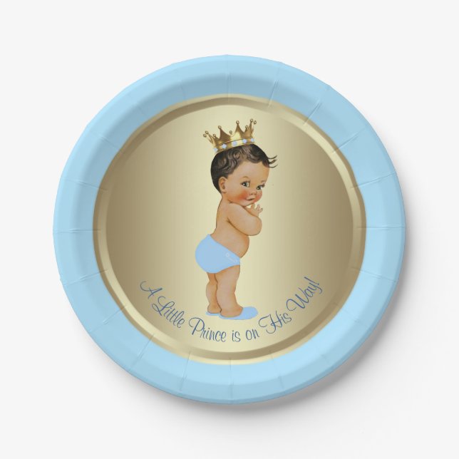 Baby Blue Gold Ethnic Hispanic Prince Baby Shower Paper Plates (Front)