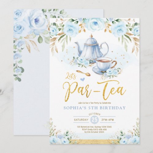 Baby Blue Gold Floral Girls Birthday Tea Party
