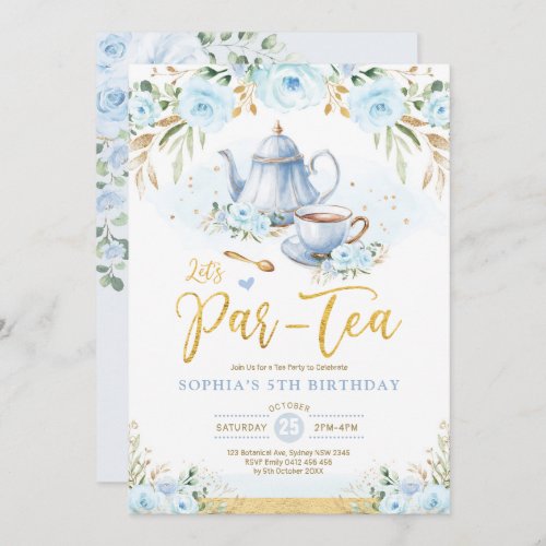 Baby Blue Gold Floral Girls Birthday Tea Party Invitation