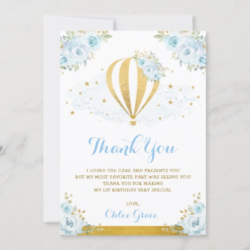 Baby Blue Gold Floral Hot Air Balloon Birthday Thank You Card
