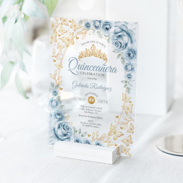 Baby Blue Gold Floral Quinceanera Acrylic Invitations (Creator Uploaded)