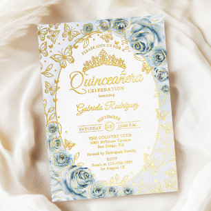 Baby Blue Gold Floral Quinceanera Foil Invitation