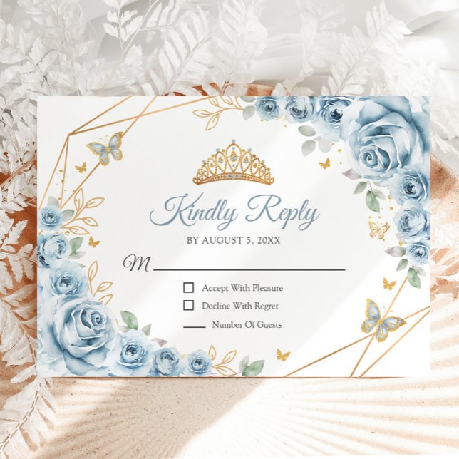 Baby Blue Gold Floral Quinceanera Reply RSVP Card (Creator Uploaded)