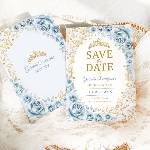 Baby Blue Gold Floral Quinceanera Save The Date