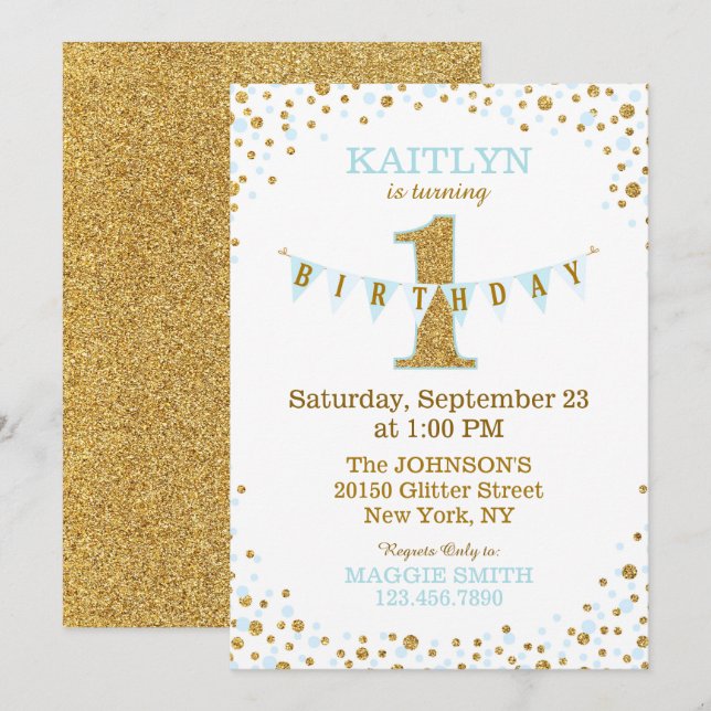 Baby Blue Gold Glitter Sparkle First Birthday Invitation (Front/Back)